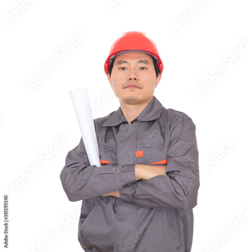 Construction worker holding drawings in hand and standing in front of white background photo