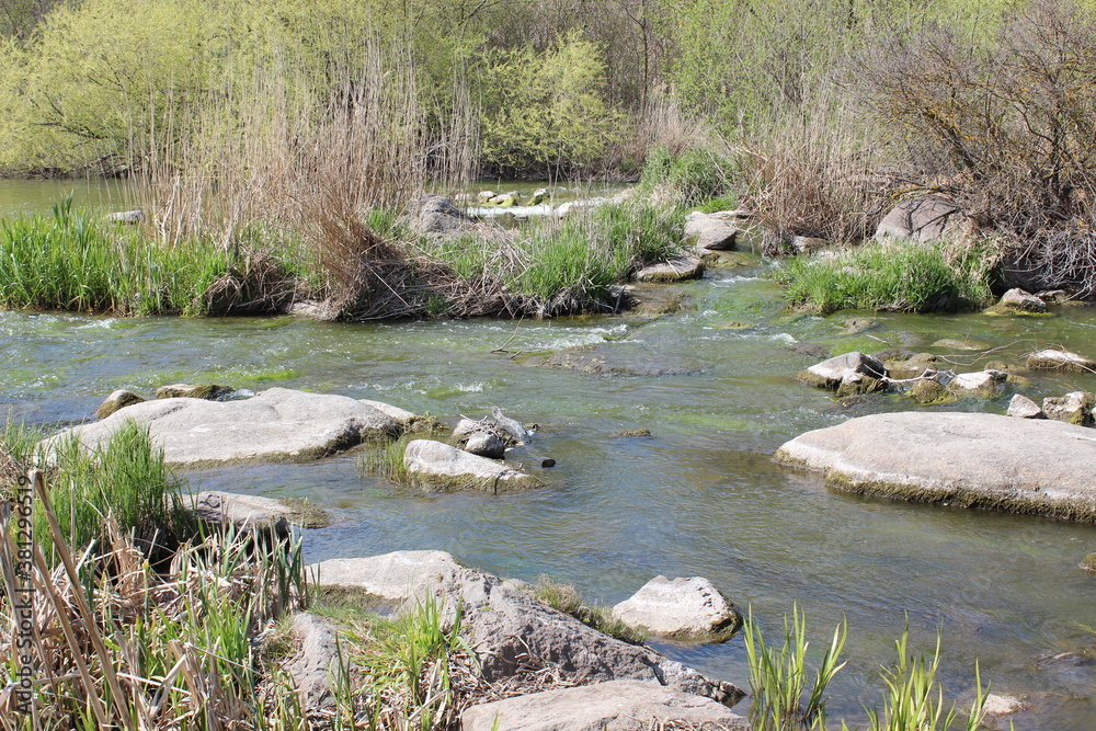 River with large granite stones. Steppe. Nature River with large granite stones. Steppe. Nature