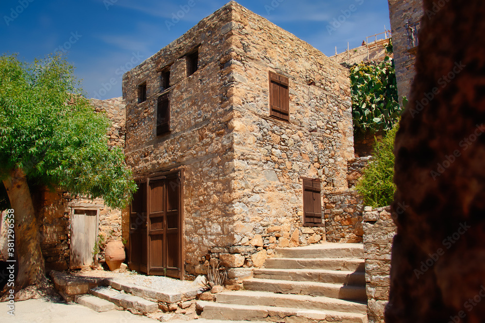 Spinalonga, Greece - August 20, 2020 - An old house on the historic fortress island of Spinalonga