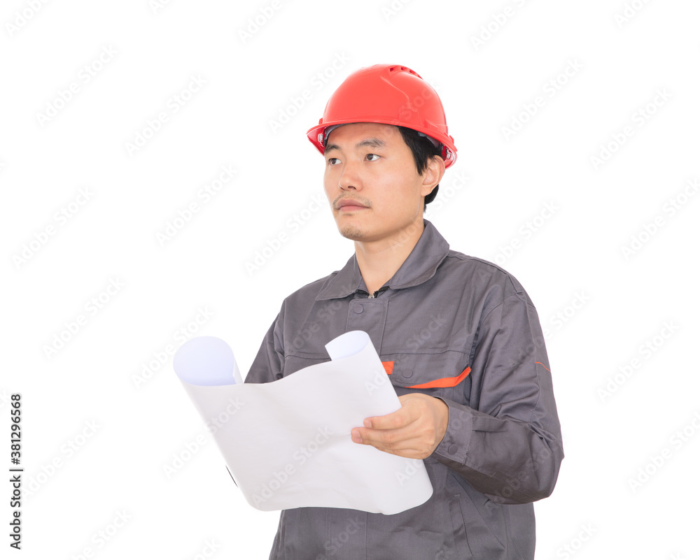 Architect at work in front of white background holding drawings in hand Architect at work in front of white background holding drawings in hand