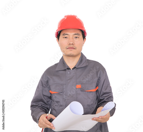 Architect at work in front of white background holding drawings in hand photo