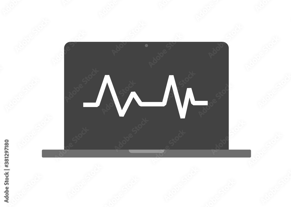 Healthcare heart health check test icon on laptop computer online app tracker vector, heartbeat good blood pressure pulse cardiogram on pc flat cartoon symbol, medical cardiology technology Healthcare heart health check test icon on laptop computer online app tracker vector, heartbeat good blood pressure pulse cardiogram on pc flat cartoon symbol, medical cardiology technology