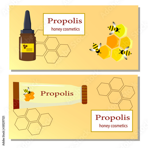 Propolis, a natural product. Two flyer templates.Tube and bottle of natural propolis.. Vector illustration on a colored background. Flyer for markets, decorative use.