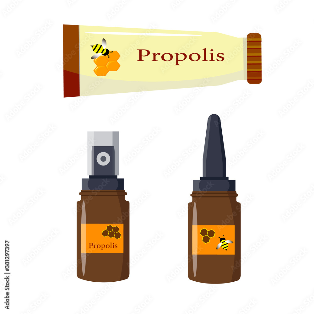 Natural product propolis. Set with a bottle, spray and a tube of propolis. Vector illustration isolated on white background. For markets, decorative use. Natural product propolis. Set with a bottle, spray and a tube of propolis. Vector illustration isolated on white background. For markets, decorative use.
