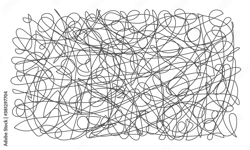 Fototapeta premium Tangled chaos abstract hand drawn messy scribble background vector illustration. Random chaotic dynamic scrawl lines. Wild emotion irregular pattern isolated on white background.