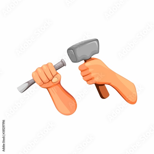 Hand holding hammer and chisel concept in cartoon illustration vector isolated on white background