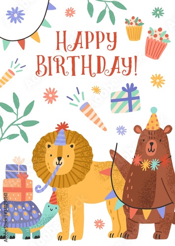 Happy Birthday invitation or greeting card decorated with cute animals, gift box and garlands. Flat vector cartoon childish illustration of festive postcard for kids party