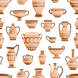 Ancient greek clay pots, vases and amphoras seamless pattern. Traditional antique ware decorated by Hellenic ornaments vector flat illustration. Pottery or ceramic utensil wallpaper template