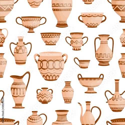 Wallpaper Mural Ancient greek clay pots, vases and amphoras seamless pattern. Traditional antique ware decorated by Hellenic ornaments vector flat illustration. Pottery or ceramic utensil wallpaper template Torontodigital.ca