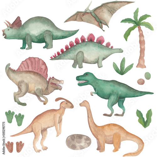 Watercolor dinosaurs set Isolated on white background Hand painted illustration Prehistoric animals clipart Perfect for logotype, decoration, packaging, invitation, other. © KsaeniaArt