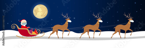 Santa Claus in face mask riding in reindeer sleigh. New Year 2021 concept. Vector illustration.