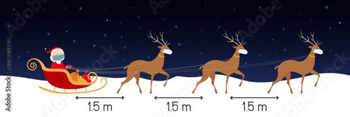 Social distancing 1 5 meters. Santa and reindeers in face masks. Vector illustration.