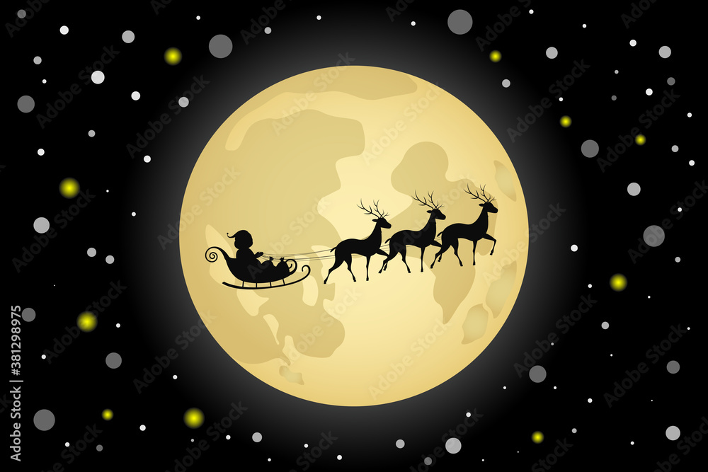 Silhouette of Santa Claus and his reindeer sleigh on moon background. Vector illustration. Silhouette of Santa Claus and his reindeer sleigh on moon background. Vector illustration.