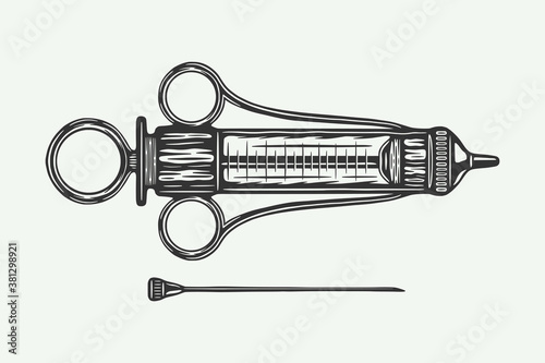 Vintage retro woodcut medical syringe. Can be used like emblem, logo, badge, label. mark, poster or print. Monochrome Graphic Art. Vector Illustration..