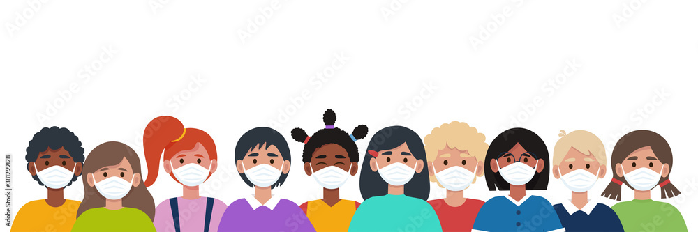 Fototapeta premium Group of children in protective masks. Protect virus concept. Vector illustration in flat style