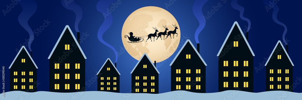 Santa Claus flying in reindeer sled above town in night. Christmas eve. Vector illustration.
