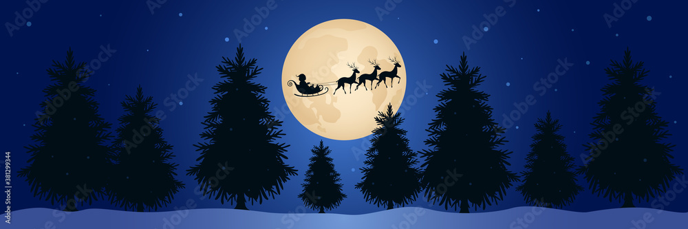 Santa Claus flying in reindeer sled above forest in night. Christmas eve. Vector illustration.