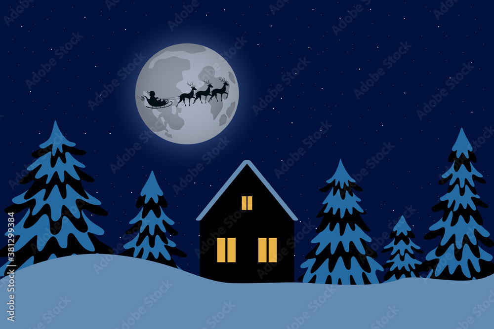 Santa Claus flying in reindeer sled above lonely house in night. Christmas eve. Vector illustration.