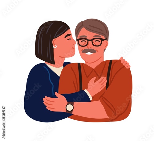 Portrait of happy hugging daughter and father vector flat illustration. Smiling teen and parent embracing feeling love to each other isolated. Family relationship of dad and female adolescent