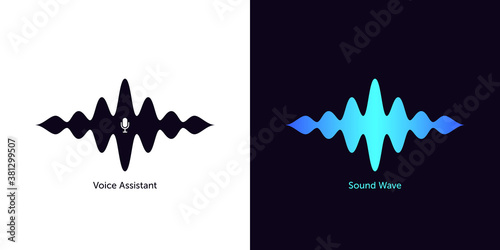 Sound wave shape with microphone for virtual voice assistant. Abstract audio wave, voice command control, waveform