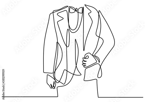 One continuous line drawing of Men's jacket with bowties. Young male with a party dresscode in elegant style isolated on white background. Groomsman in wedding party concept. Vector illustration