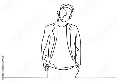 One continuous drawing line of handsome man wearing casual suit. Young male with men's jacket or blazer ready to go in party. Character the guy in elegant style. Vector sketch illustration