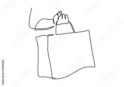 One continuous line drawing female hand holding shopping bags isolated on white background. Shopping in mall and eco friendly concept single line hand draw minimalist design. Vector illustration