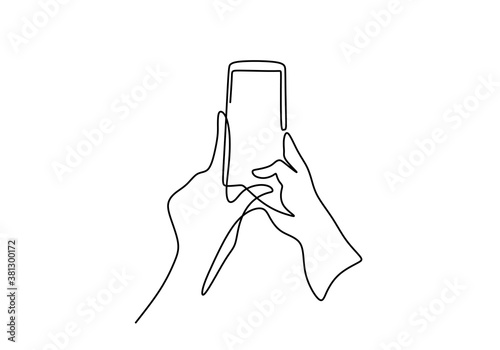 Continuous one line drawing of gesture hands and touch the screen of smartphone. Making online stories or streaming in social networks. Transaction on online. Gadget device concept