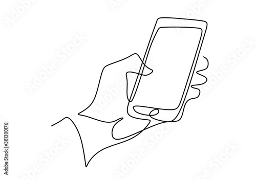 Continuous one line drawing of gesture hands and touch the screen of smartphone. Making online stories or streaming in social networks. Transaction on online. Gadget device concept