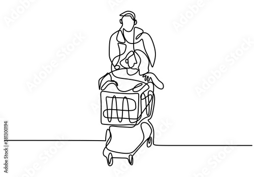 One single line drawing of happy male pushing trolley at supermarket. Young man and woman shop at the supermarket, a man pushes the trolley and a woman on the trolley. Shopping concept