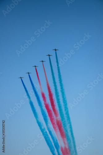 F 16 military airplanes. Turkish Stars at blue sky. Performance of the Turkish aerobatic team at the air show.