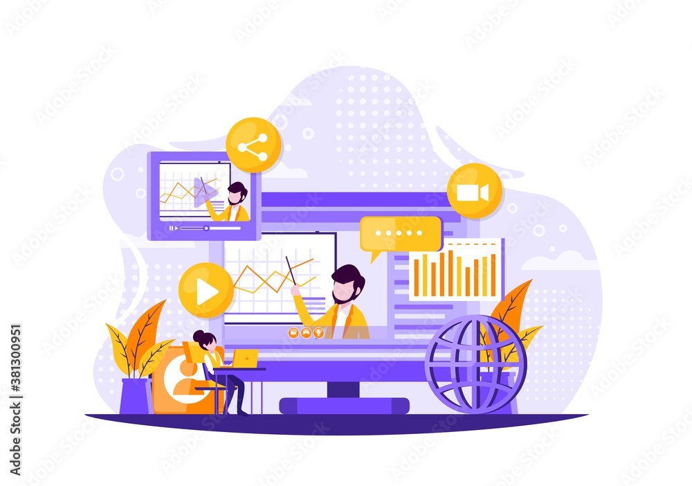 Obraz premium Worker using computer for collective virtual meeting and group video presentation from . Vector illustration