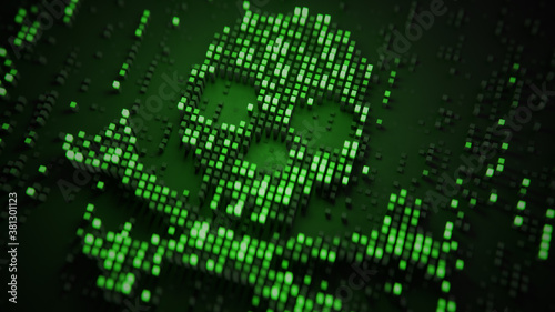 Skull shape of glowing green pixels 3D render