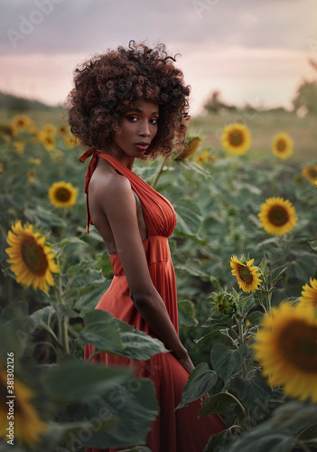 Portrait of Young black woman in a orange dress walks in the sunflower field at sunset