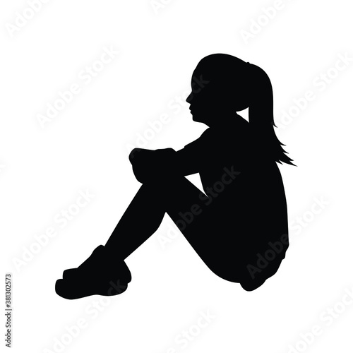 Sitting sad woman silhouette vector, person isolated in black and white.