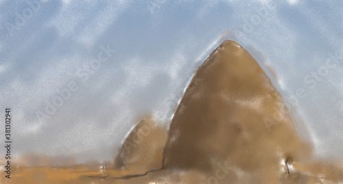 watercolor illustration: Tombs of Old Dongola Cemetery and Tombs in the North of the Sudanese Desert, Africa photo