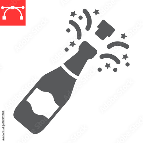 Champagne bottle popping glyph icon, merry christmas and drink, alcohol sign vector graphics, editable stroke solid icon, eps 10.