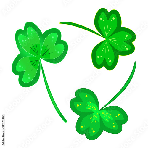 Clover isolated on white background. Lucky three leaf clovers or shamrocks set icon for St Patricks day. Set of green clover leaves. National Irish holiday. Ireland festival. Stock vector illustration