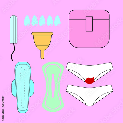 Menstruation theme. Period. Various feminine hygiene products. Panties, pads, cups. Menstrual protection, feminine hygiene. Pink background. Vector illustration.