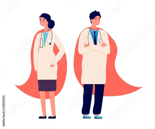 Doctor superhero. Medical team, doctors wear red super hero cape. Hospital worker, nurse emergency staff. Medicine protection life in virus pandemic, healthcare vector illustration. Superhero pandemic