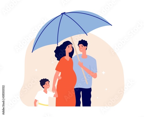 Family protection concept. Man holding umbrella under pregnant wife and son. Happy parents and child. Life insurance, social protect metaphor vector illustration. Family protection and medical safety