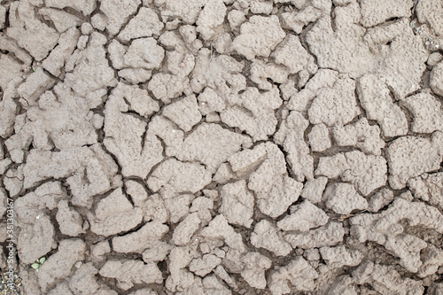 Cracked earth soil ground texture background. Mosaic pattern of dried mud clay earth and sand, top view. The concept of soil erosion climate change and sudden changes in air temperature.