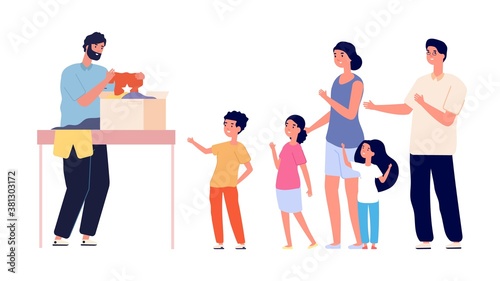 Gift clothes for large family. People need textile for children, volunteer and parents with kids. Donations for poor family vector illustration. Charity and donation to poor family