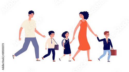 Parents and kids. Students go to school, large family mother father went their children to study. Schoolboy and schoolgirls, child in uniform vector illustration. School boy and girl go to school