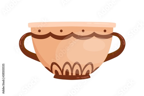 Ancient greek clay pot with handles vector flat illustration. Traditional antique pottery decorated by Hellenic ornaments isolated on white. Ceramic bowl archaeological artefact crockery