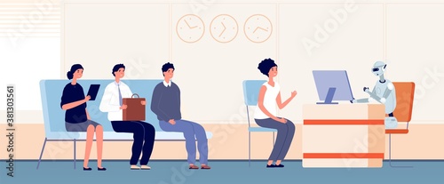Robotization. Robot serve customers, android bank worker. People waiting line to support service in office vector illustration. Hr robot, career robotic, employment and recruitment