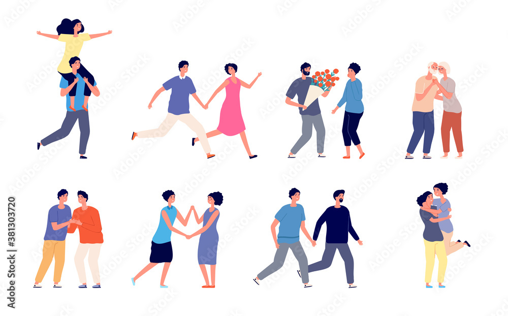 Different couples in love. Couple lifestyles, flat lesbians gay homosexual diversity relationship. Young boyfriend girlfriend vector set. Couple man and woman, together boyfriend and girl illustration
