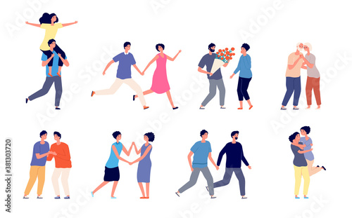 Different couples in love. Couple lifestyles  flat lesbians gay homosexual diversity relationship. Young boyfriend girlfriend vector set. Couple man and woman  together boyfriend and girl illustration