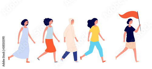 Women empowerment. Strong woman, young female friends support. Feminism or girl power teamwork, group of activists together vector concept. Feminist protest, female together sisterhood illustration
