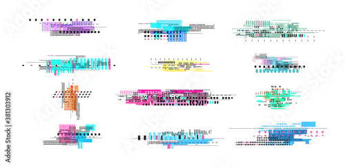 Digital decay elements. Geometric glitch, abstract art tv noise effect. Retro pixel texture, isolated broken distorted video vector elements. Glitch damage decay, distortion texture illustration